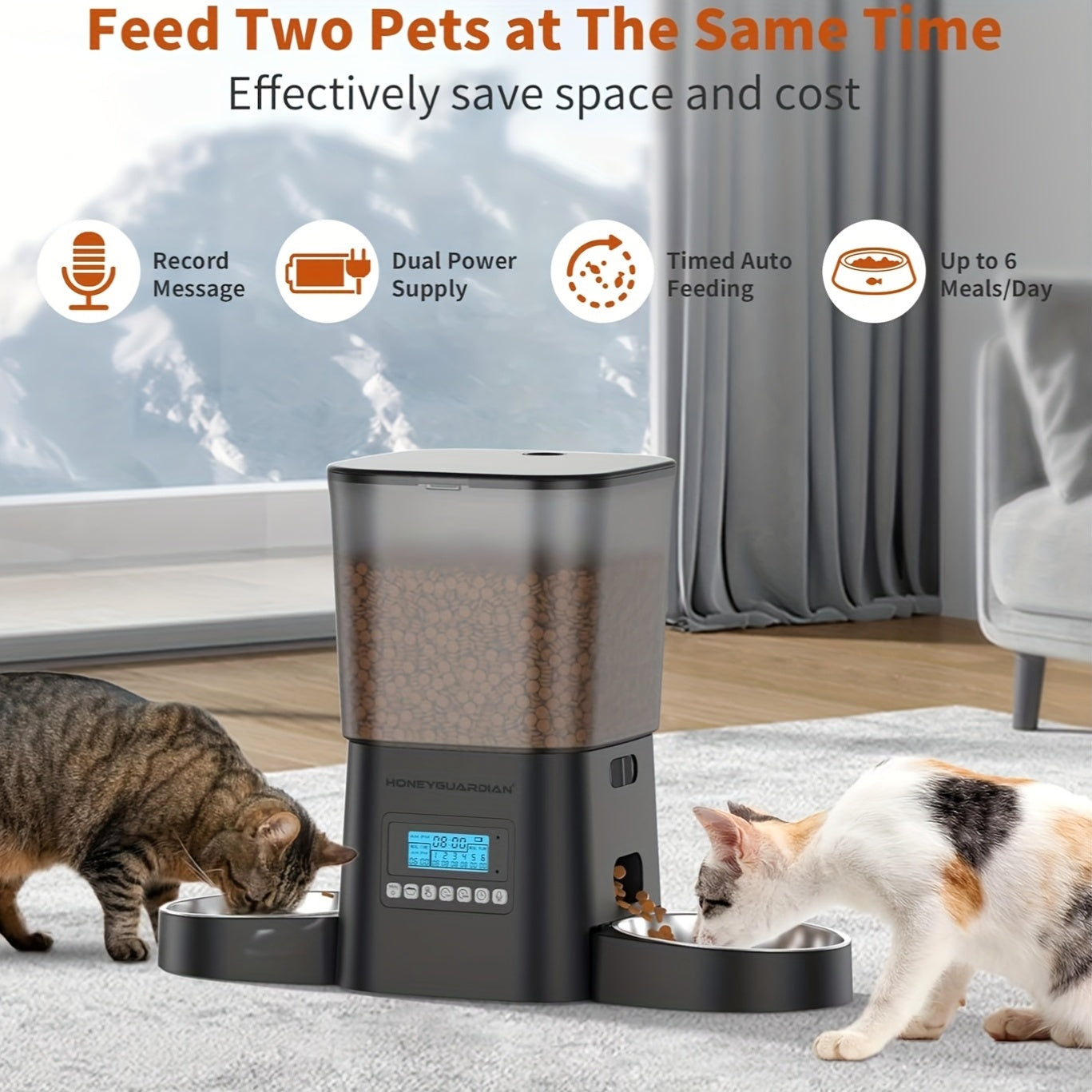 HONEYGUARIDAN Automatic Cat Feeders For 2 Cats, 118.35oz Cat Food Dispenser With Double Bowls, Two Way Splitter Cat Feeder For Dry Food, Programmable 1-6 Meals Control, Dual Power Supply, Without Battery