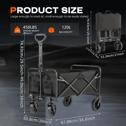 220-680LBS Capacity Heavy Duty All-Terrain Folding Cart - Stainless Steel Frame & 600D Oxford Fabric, Foldable Utility Wagon for Camping, Gardening, Beach, Shopping - No Assembly Required, Black, Garden Tool Carrier, Robust Handle Design, Durable Wheel D