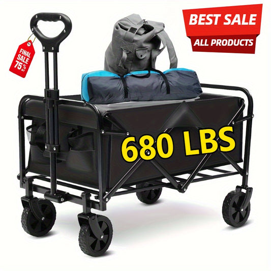 220-680LBS Capacity Heavy Duty All-Terrain Folding Cart - Stainless Steel Frame & 600D Oxford Fabric, Foldable Utility Wagon for Camping, Gardening, Beach, Shopping - No Assembly Required, Black, Garden Tool Carrier, Robust Handle Design, Durable Wheel D