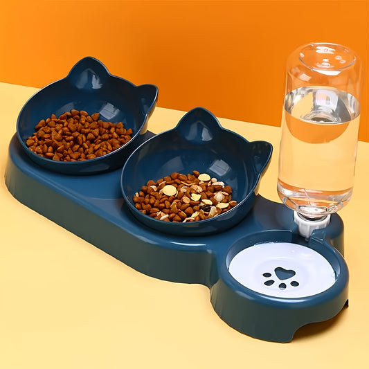1set Whisker Wonders 3-in-1 Cat Bowls with IntegratedWater Feeder, Tilted Ear Design, Gravity Water Bottle forNeck Protection, Non-Electric Plastic Pet Feeding Set forCats, Without Battery